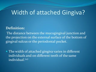 Width of attached Gingiva?
Definition:
The distance between the mucogingival junction and
the projection on the external surface of the bottom of
gingival sulcus or the periodontal pocket.
 The width of attached gingiva varies in different
individuals and on different teeth of the same
individual.(12)
 