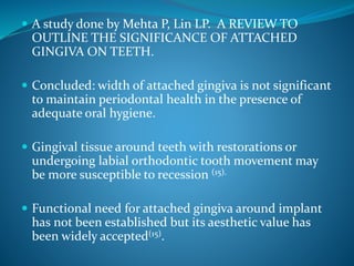  A study done by Mehta P, Lin LP. A REVIEW TO
OUTLINE THE SIGNIFICANCE OF ATTACHED
GINGIVA ON TEETH.
 Concluded: width of attached gingiva is not significant
to maintain periodontal health in the presence of
adequate oral hygiene.
 Gingival tissue around teeth with restorations or
undergoing labial orthodontic tooth movement may
be more susceptible to recession (15).
 Functional need for attached gingiva around implant
has not been established but its aesthetic value has
been widely accepted(15).
 