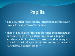 Papilla
 The tissue that resides in the interproximal embrasure
is called the interproximal papilla.
 Shape : The shape of this papilla varies from triangular
and knife-edge in the anterior regions due to point
sized contacts of the teeth to broader and more square
shaped tissue in the posterior sextants due to the teeth
having broad contact areas(17).
 