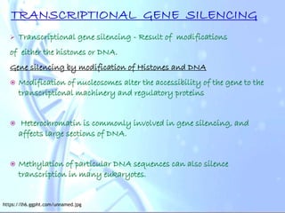  Transcriptional gene silencing - Result of modifications
of either the histones or DNA.
Gene silencing by modification of Histones and DNA
 Modification of nucleosomes alter the accessibility of the gene to the
transcriptional machinery and regulatory proteins
 Heterochromatin is commonly involved in gene silencing, and
affects large sections of DNA.
 Methylation of particular DNA sequences can also silence
transcription in many eukaryotes.
https://lh6.ggpht.com/unnamed.jpg
 