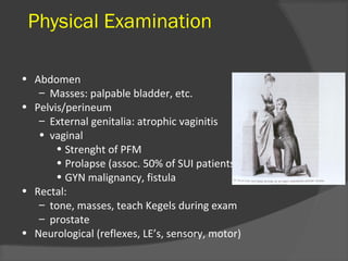 Physical Examination
• Abdomen
– Masses: palpable bladder, etc.
• Pelvis/perineum
– External genitalia: atrophic vaginitis
• vaginal
• Strenght of PFM
• Prolapse (assoc. 50% of SUI patients)
• GYN malignancy, fistula
• Rectal:
– tone, masses, teach Kegels during exam
– prostate
• Neurological (reflexes, LE’s, sensory, motor)
 