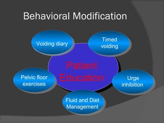 Behavioral Modification
pa
Patient
Education
Voiding diary
Urge
inhibition
Timed
voiding
Fluid and Diet
Management
Pelvic floor
exercises
 