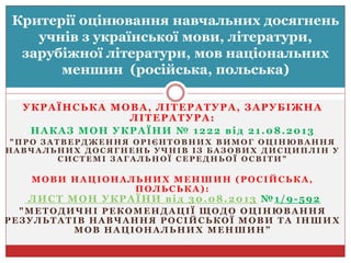 УКРАЇНСЬКА МОВА, ЛІТЕРАТУРА, ЗАРУБІЖНА
ЛІТЕРАТУРА:
НАКАЗ МОН УКРАЇНИ № 1222 від 21.08.2013
" П Р О З А Т В Е Р Д Ж Е Н Н Я О Р І Є Н Т О В Н И Х В И М О Г О Ц І Н Ю В А Н Н Я
Н А В Ч А Л Ь Н И Х Д О С Я Г Н Е Н Ь У Ч Н І В І З Б А З О В И Х Д И С Ц И П Л І Н У
С И С Т Е М І З А Г А Л Ь Н О Ї С Е Р Е Д Н Ь О Ї О С В І Т И "
МОВИ НАЦІОНАЛЬНИХ МЕНШИН (РОСІЙСЬКА,
ПОЛЬСЬКА):
ЛИСТ МОН УКРАЇНИ від 30.08.2013 №1/9-592
"МЕТОДИЧНІ РЕКОМЕНДАЦІЇ ЩОДО ОЦІНЮВАННЯ
РЕЗУЛЬТАТІВ НАВЧАННЯ РОСІЙСЬКОЇ МОВИ ТА ІНШИХ
МОВ НАЦІОНАЛЬНИХ МЕНШИН”
Критерії оцінювання навчальних досягнень
учнів з української мови, літератури,
зарубіжної літератури, мов національних
меншин (російська, польська)
 