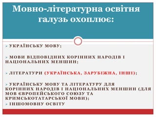  УКРАЇНСЬКУ МОВУ;
 МОВИ ВІДПОВІДНИХ КОРІННИХ НАРОДІВ І
НАЦІОНАЛЬНИХ МЕНШИН;
 ЛІТЕРАТУРИ (УКРАЇНСЬКА, ЗАРУБІЖНА, ІНШІ) ;
 УКРАЇНСЬКУ МОВУ ТА ЛІТЕРАТУРУ ДЛЯ
КОРІННИХ НАРОДІВ І НАЦІОНАЛЬНИХ МЕНШИН (ДЛЯ
МОВ ЄВРОПЕЙСЬКОГО СОЮЗУ ТА
КРИМСЬКОТАТАРСЬКОЇ МОВИ);
 ІНШОМОВНУ ОСВІТУ
Мовно-літературна освітня
галузь охоплює:
 