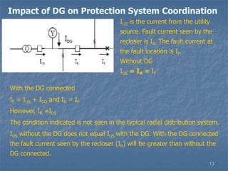 13
Impact of DG on Protection System Coordination
With the DG connected
IF = IUS + IDG and IR = IF
However, IR ≠IUS
The condition indicated is not seen in the typical radial distribution system.
IUS without the DG does not equal IUS with the DG. With the DG connected
the fault current seen by the recloser (IR) will be greater than without the
DG connected.
IUS is the current from the utility
source. Fault current seen by the
recloser is IR. The fault current at
the fault location is IF.
Without DG
IUS = IR = IF
 