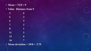 • Mean = 72/8 = 9
• Value Distance from 9
3 6
6 3
6 3
7 2
8 1
11 2
15 6
16 7
• Mean deviation = 30/8 = 3.75
 