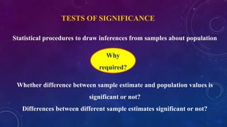 TESTS OF SIGNIFICANCE
Statistical procedures to draw inferences from samples about population
Why
required?
Whether difference between sample estimate and population values is
significant or not?
Differences between different sample estimates significant or not?
 