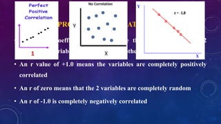 PEARSON PRODUCT CORRELATION COEFFICIENT
• Correlation coefficient (r) is a value that tells us how well 2
continuous variables correlate to each other.
• An r value of +1.0 means the variables are completely positively
correlated
• An r of zero means that the 2 variables are completely random
• An r of -1.0 is completely negatively correlated
 