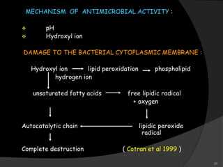 MECHANISM OF ANTIMICROBIAL ACTIVITY :
 pH
 Hydroxyl ion
DAMAGE TO THE BACTERIAL CYTOPLASMIC MEMBRANE :
Hydroxyl ion lipid peroxidation phospholipid
hydrogen ion
unsaturated fatty acids free lipidic radical
+ oxygen
Autocatalytic chain lipidic peroxide
radical
Complete destruction ( Cotran et al 1999 )
20
 