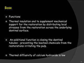 Base
 Functions
 Thermal insulation and to supplement mechanical
support for the restoration by distributing local
stresses from the restoration across the underlying
dentinal surface.
 An additional function is closing the dentinal
tubules - preventing the leached chemicals from the
restorations irritating the pulp.
 Thermal diffusivity of calcium hydroxide is low
35
 