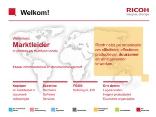 Welkom!

Wereldwijd

Marktleider
in printers en multifunctionals

Focus: informatiebeheer en documentmanagement

Koploper
en marktleider in
documentoplossingen

De veranderende
wereld

Expertise
Hardware
Software
Services

Onze
dienstverlening

De
organisatie

FG500
Notering nr. 429

Oplossingen

Ricoh helpt uw organisatie
om efficiënter, effectiever,
productiever, duurzamer
en winstgevender
te werken.

Drie doelen
Lagere kosten
Hogere productiviteit
Duurzame organisaties

Belangrijkste
markten

Duurzaamheid

Het
Ricoh-merk

 
