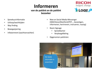 Informeren
van de patiënt en de patiënt
bezoeker
•
•
•

Spreekuurinformatie
Uitloop/wachttijden
Way finding

•

Bewegwijzering

•

•

New en Social Media Messenger
(SMS/Voice/Mail/brief/PIP…, bevestigen,
informeren, herinneren, instrueren, nazorg)

•

Room Signage
• Spreekkamer
• Verpleegafdeling

•

Opgenomen patiënten

Infotainment (wachtverzachter)

 