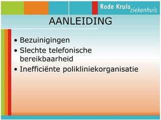 AANLEIDING
• Bezuinigingen
• Slechte telefonische
bereikbaarheid
• Inefficiënte polikliniekorganisatie

 