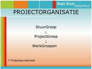 PROJECTORGANISATIE
StuurGroep
↓
ProjectGroep
↓
WerkGroepen

!! Projectsecretariaat

 