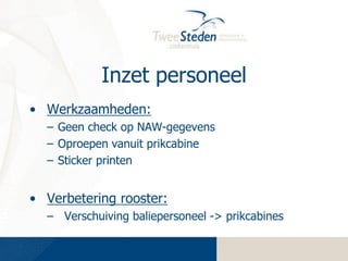 Inzet personeel
• Werkzaamheden:
– Geen check op NAW-gegevens
– Oproepen vanuit prikcabine
– Sticker printen

• Verbetering rooster:
– Verschuiving baliepersoneel -> prikcabines

 