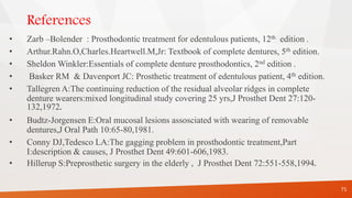 References
• Zarb –Bolender : Prosthodontic treatment for edentulous patients, 12th edition .
• Arthur.Rahn.O,Charles.Heartwell.M,Jr: Textbook of complete dentures, 5th edition.
• Sheldon Winkler:Essentials of complete denture prosthodontics, 2nd edition .
• Basker RM & Davenport JC: Prosthetic treatment of edentulous patient, 4th edition.
• Tallegren A:The continuing reduction of the residual alveolar ridges in complete
denture wearers:mixed longitudinal study covering 25 yrs,J Prosthet Dent 27:120-
132,1972.
• Budtz-Jorgensen E:Oral mucosal lesions assosciated with wearing of removable
dentures,J Oral Path 10:65-80,1981.
• Conny DJ,Tedesco LA:The gagging problem in prosthodontic treatment,Part
I:description & causes, J Prosthet Dent 49:601-606,1983.
• Hillerup S:Preprosthetic surgery in the elderly , J Prosthet Dent 72:551-558,1994.
75
 