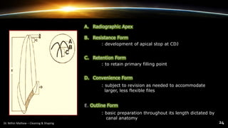 A. Radiographic Apex
B. Resistance Form
: development of apical stop at CDJ
C. Retention Form
: to retain primary filling point
D. Convenience Form
: subject to revision as needed to accommodate
larger, less flexible files
E. Outline Form
: basic preparation throughout its length dictated by
canal anatomy
 