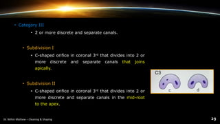 • Category III
• 2 or more discrete and separate canals.
• Subdivision I
• C-shaped orifice in coronal 3rd that divides into 2 or
more discrete and separate canals that joins
apically.
• Subdivision II
• C-shaped orifice in coronal 3rd that divides into 2 or
more discrete and separate canals in the mid-root
to the apex.
 