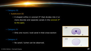 • Category III
• Subdivision III
• C-shaped orifice in coronal 3rd that divides into 2 or
more discrete and separate canals in the coronal 3rd
to the apex.
• Category IV
• Only one round / oval canal in that cross-section
• Category V
• No canal / lumen can be observed.
 