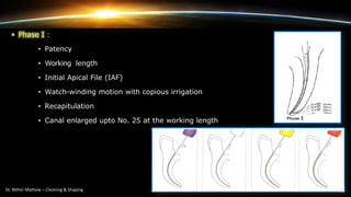 • Phase I :
• Patency
• Working length
• Initial Apical File (IAF)
• Watch-winding motion with copious irrigation
• Recapitulation
• Canal enlarged upto No. 25 at the working length
 