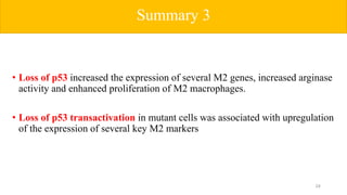 • Loss of p53 increased the expression of several M2 genes, increased arginase
activity and enhanced proliferation of M2 macrophages.
• Loss of p53 transactivation in mutant cells was associated with upregulation
of the expression of several key M2 markers
Summary 3
24
 