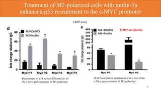 28
Treatment of M2-polarized cells with nutlin-3a
enhanced p53 recruitment to the c-MYC promoter
CHIP assay
Recruitment of p53 to four different loci of
the c-Myc gene promoter in M2-polarized
H3K9 acetylation enrichment at two loci of the
c-Myc gene promoter in M2-polarized
H3K9 acetylation
 