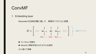 ConvMF
1. Embedding layer
23
Document
!! − 1 ! + 1
n
n Glove
2
 