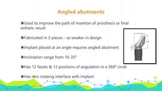 Angled abutments
◉Used to improve the path of insertion of prosthesis or final
esthetic result
◉Fabricated in 2 pieces - so weaker in design
◉Implant placed at an angle requires angled abutment
◉Inclination range from 10-350
◉Has 12 facets & 12 positions of angulation in a 3600 circle
◉Has non rotating interface with implant
 