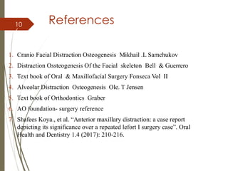 10
6
References
1. Cranio Facial Distraction Osteogenesis Mikhail .L Samchukov
2. Distraction Ossteogenesis Of the Facial skeleton Bell & Guerrero
3. Text book of Oral & Maxillofacial Surgery Fonseca Vol II
4. Alveolar Distraction Osteogenesis Ole. T Jensen
5. Text book of Orthodontics Graber
6. AO foundation- surgery reference
7. Shafees Koya., et al. “Anterior maxillary distraction: a case report
depicting its significance over a repeated lefort I surgery case”. Oral
Health and Dentistry 1.4 (2017): 210-216.
 