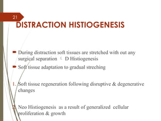 21
DISTRACTION HISTIOGENESIS
 During distraction soft tissues are stretched with out any
surgical separation  D Histiogenesis
 Soft tissue adaptation to gradual streching
1. Soft tissue regeneration following disruptive & degenerative
changes
2. Neo Histiogenesis as a result of generalized cellular
proliferation & growth
 