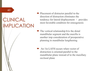 60
CLINICAL
IMPLICATION
 Placement of distractor parallel to the
direction of distraction eliminates the
tendency for lateral displacement  provides
most favorable condition for osteogenesis
 The vertical relationship b/w the distal
mandibular segment and the maxilla is
another imp consideration of preoperative
planning in mandibular lengthening
 An ↑in LAFH occurs when vector of
distraction is oriented parallel to the
mandibular plane instead of to the maxillary
occlusal plane
 