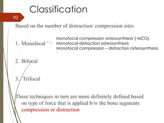 90
Classification
Based on the number of distraction/ compression sites
1. Monofocal ˘
2. Bifocal
3. Trifocal
These techniques in turn are more definitely defined based
on type of force that is applied b/w the bone segments
compression or distraction
Monofocal compression osteosynthesis˘( MCO)
Monofocal distraction osteosynthesis
Monofocal compression – distraction osteosynthesis
˘
 