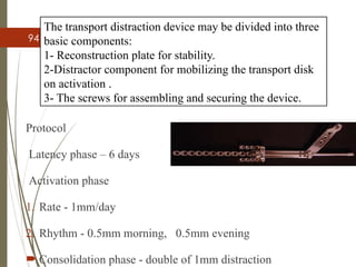 94
Protocol
Latency phase – 6 days
Activation phase
1. Rate - 1mm/day
2. Rhythm - 0.5mm morning, 0.5mm evening
 Consolidation phase - double of 1mm distraction
The transport distraction device may be divided into three
basic components:
1- Reconstruction plate for stability.
2-Distractor component for mobilizing the transport disk
on activation .
3- The screws for assembling and securing the device.
 