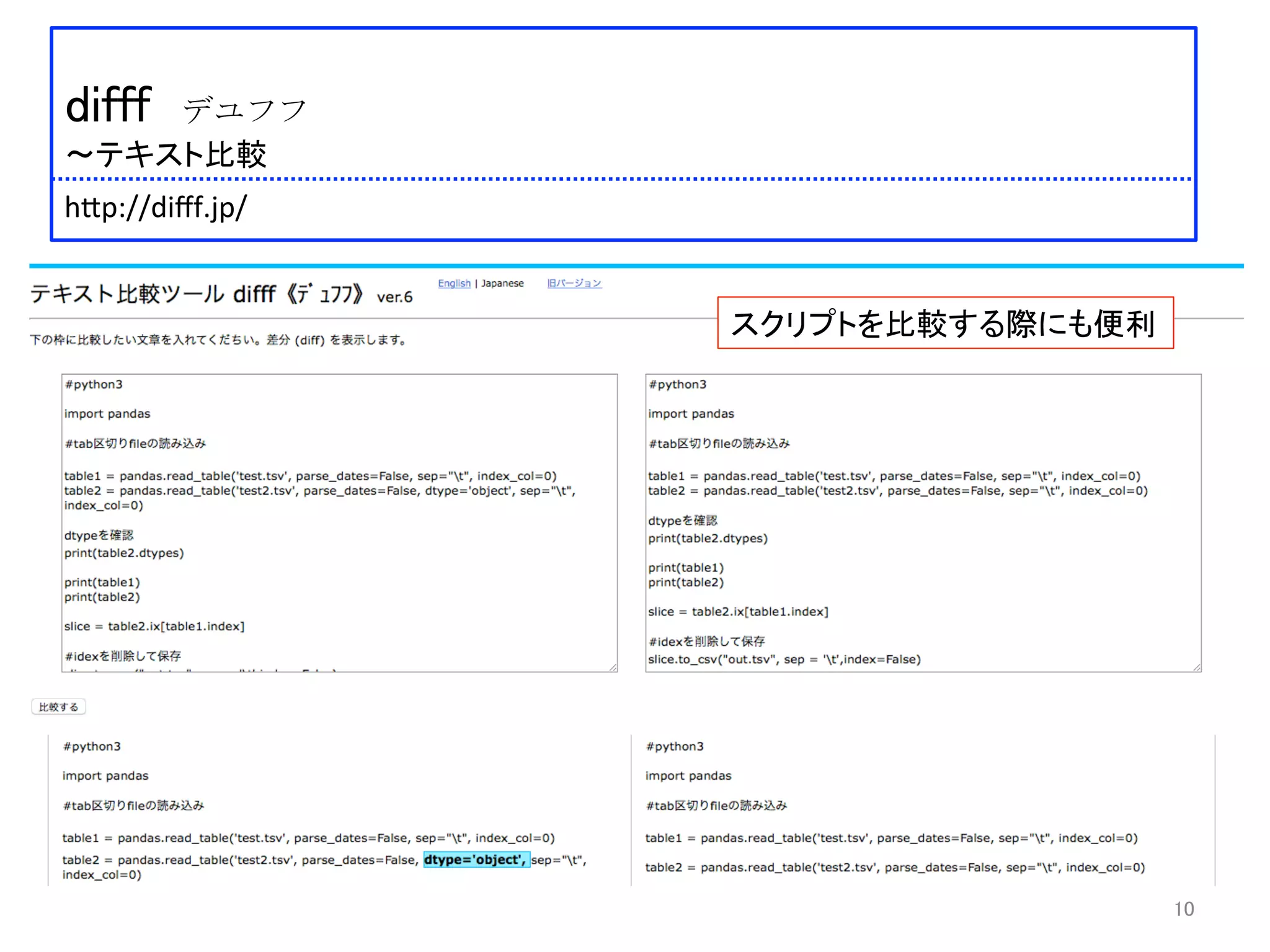 	
 
difff デユフフ	
 
〜テキスト比較	
 
	
 
 	
 h:p://diﬀf.jp/	
 
10	
スクリプトを比較する際にも便利	
 