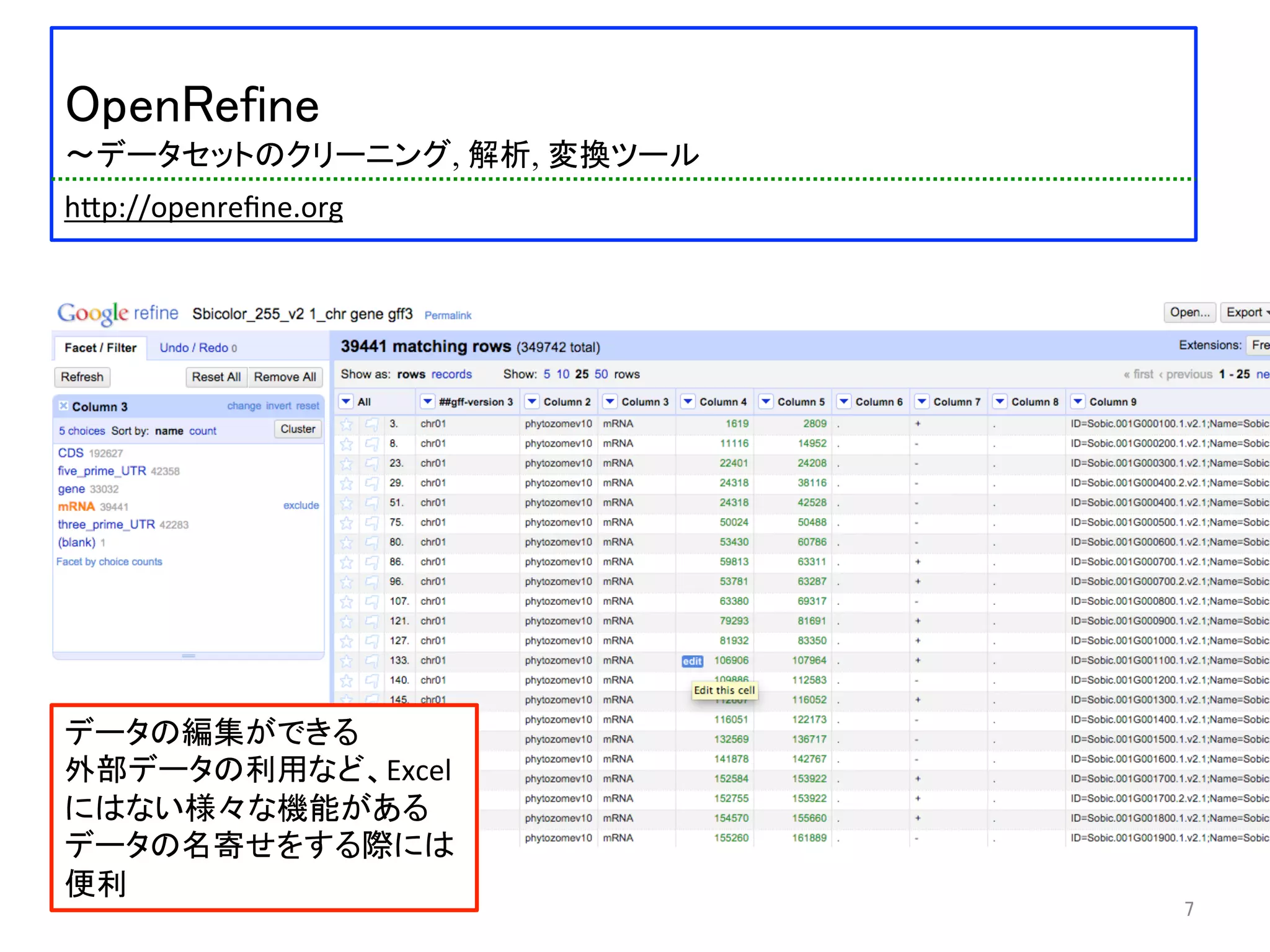  	
 
OpenRefine	
 
〜データセットのクリーニング, 解析, 変換ツール	
 
	
 
 	
 h:p://openreﬁne.org	
 
7	
データの編集ができる	
  
外部データの利用など、Excel
にはない様々な機能がある	
  
データの名寄せをする際には
便利	
 