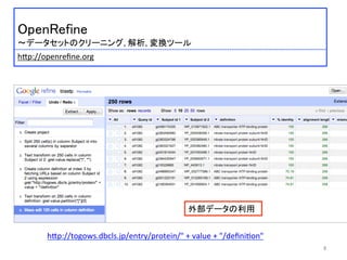  	
 
OpenRefine	
 
〜データセットのクリーニング, 解析, 変換ツール	
 
	
 
 	
 h:p://openreﬁne.org	
 
h:p://togows.dbcls.jp/entry/protein/"	
  +	
  value	
  +	
  "/deﬁni)on"	
8	
外部データの利用	
 