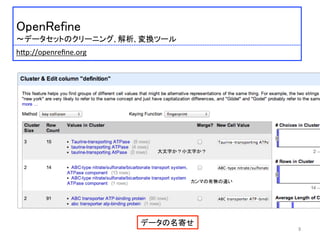  	
 
OpenRefine	
 
〜データセットのクリーニング, 解析, 変換ツール	
 
	
 
 	
 h:p://openreﬁne.org	
 
9	
データの名寄せ	
大文字か？小文字か？	
カンマの有無の違い	
 