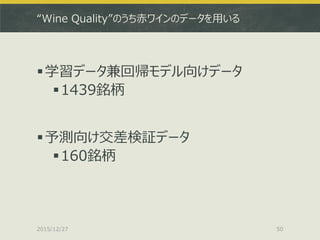 “Wine Quality”のうち赤ワインのデータを用いる
学習データ兼回帰モデル向けデータ
1439銘柄
予測向け交差検証データ
160銘柄
2015/12/27 50
 