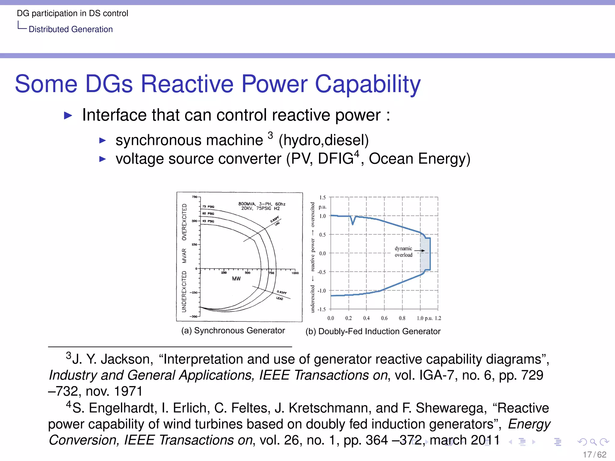 DG participation in DS control
   Distributed Generation




Some DGs Reactive Power Capability
                 Interface that can control reactive power :
                            synchronous machine 3 (hydro,diesel)
                            voltage source converter (PV, DFIG4 , Ocean Energy)




                                     (a) Synchronous Generator   (b) Doubly-Fed Induction Generator

             3 J.
               Y. Jackson, “Interpretation and use of generator reactive capability diagrams”,
        Industry and General Applications, IEEE Transactions on, vol. IGA-7, no. 6, pp. 729
        –732, nov. 1971
           4 S. Engelhardt, I. Erlich, C. Feltes, J. Kretschmann, and F. Shewarega, “Reactive

        power capability of wind turbines based on doubly fed induction generators”, Energy
        Conversion, IEEE Transactions on, vol. 26, no. 1, pp. 364 –372, march 2011
                                                                                                      17 / 62
 