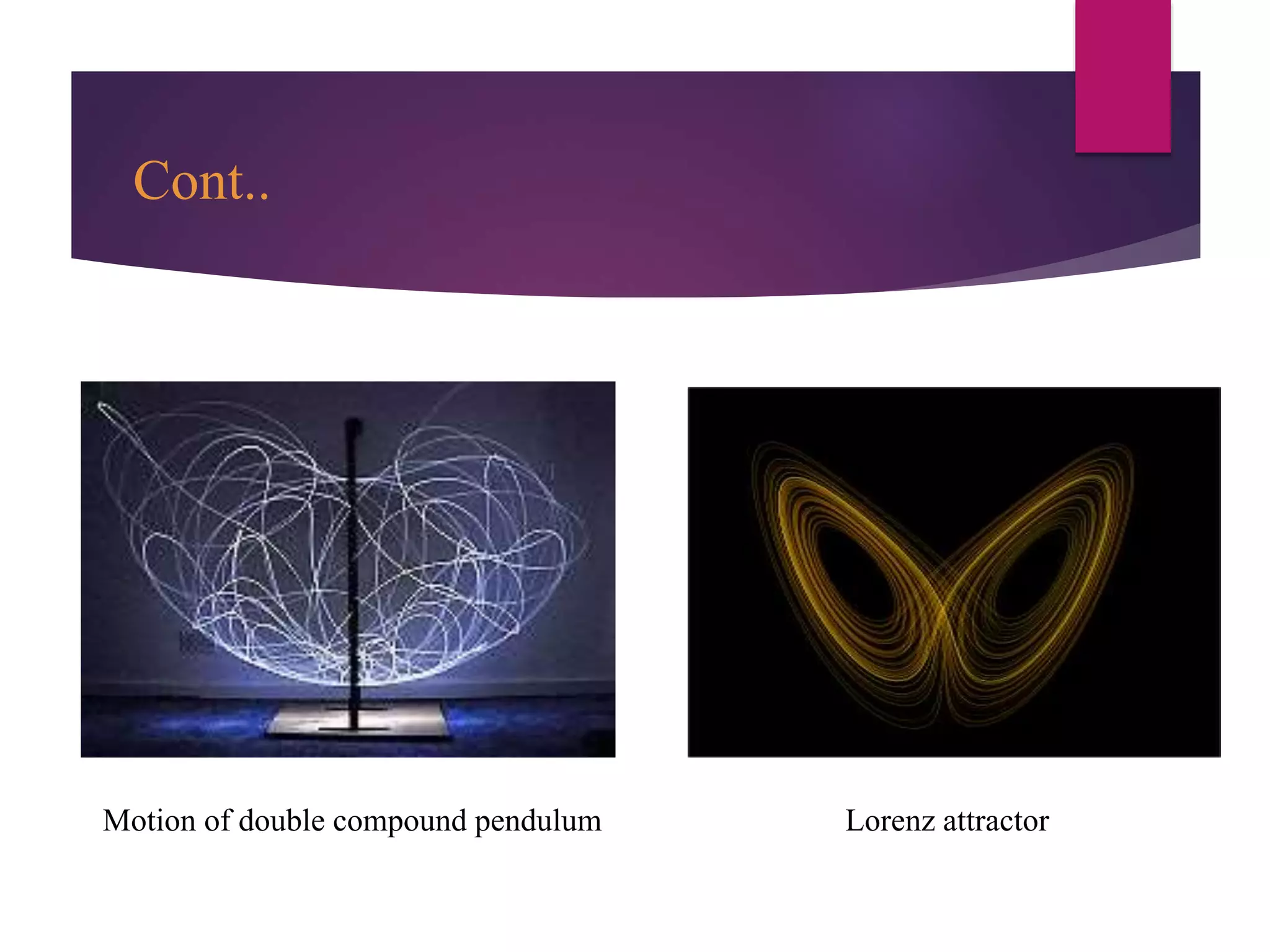 Cont..
Motion of double compound pendulum Lorenz attractor
 