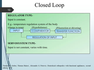 Closed Loop
REGULATOR TYPE-
Input is constant.
E.g.- temperature regulation system of the body
REGULATION OF INPUT
SERVOSYSTEM TYPE-
Input is not constant, varies with time.
10
(change in temp) (Hypothalamus) (Piloerection or shivering)
 