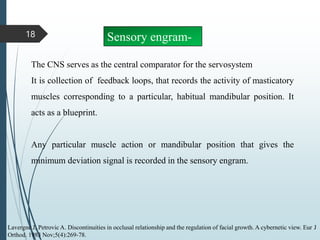 18
The CNS serves as the central comparator for the servosystem
It is collection of feedback loops, that records the activity of masticatory
muscles corresponding to a particular, habitual mandibular position. It
acts as a blueprint.
Any particular muscle action or mandibular position that gives the
minimum deviation signal is recorded in the sensory engram.
Sensory engram-
Lavergne J, Petrovic A. Discontinuities in occlusal relationship and the regulation of facial growth. A cybernetic view. Eur J
Orthod. 1983 Nov;5(4):269-78.
 