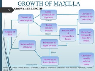 22
GROWTH OF MAXILLA
GROWTH IN LENGTH-
Release of
STH
Growth of
nasal septum
Increased size
of tongue
Septo-
premaxillary
ligament
Labio
narinary
muscles
Protrusion of
upper incisors
Protrusion of
lower incisors
Anterior shift
of
premaxillary
bones
Growth of
premaxillary
extremity
Growth of
premaxillo-
maxillary
suture
Growth of
maxilla
palatine
suture
Thrust
Traction
Direct action
 