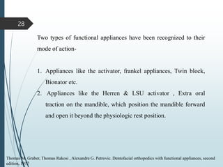 28
Two types of functional appliances have been recognized to their
mode of action-
1. Appliances like the activator, frankel appliances, Twin block,
Bionator etc.
2. Appliances like the Herren & LSU activator , Extra oral
traction on the mandible, which position the mandible forward
and open it beyond the physiologic rest position.
Thomas M. Graber, Thomas Rakosi , Alexandre G. Petrovic. Dentofacial orthopedics with functional appliances, second
edition, 1917
 