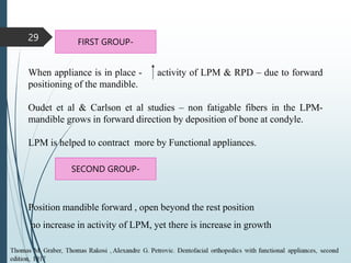 29 FIRST GROUP-
When appliance is in place - activity of LPM & RPD – due to forward
positioning of the mandible.
Oudet et al & Carlson et al studies – non fatigable fibers in the LPM-
mandible grows in forward direction by deposition of bone at condyle.
LPM is helped to contract more by Functional appliances.
SECOND GROUP-
Position mandible forward , open beyond the rest position
no increase in activity of LPM, yet there is increase in growth
 