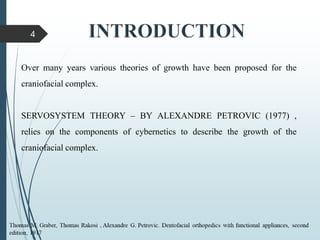 Over many years various theories of growth have been proposed for the
craniofacial complex.
SERVOSYSTEM THEORY – BY ALEXANDRE PETROVIC (1977) ,
relies on the components of cybernetics to describe the growth of the
craniofacial complex.
4
 