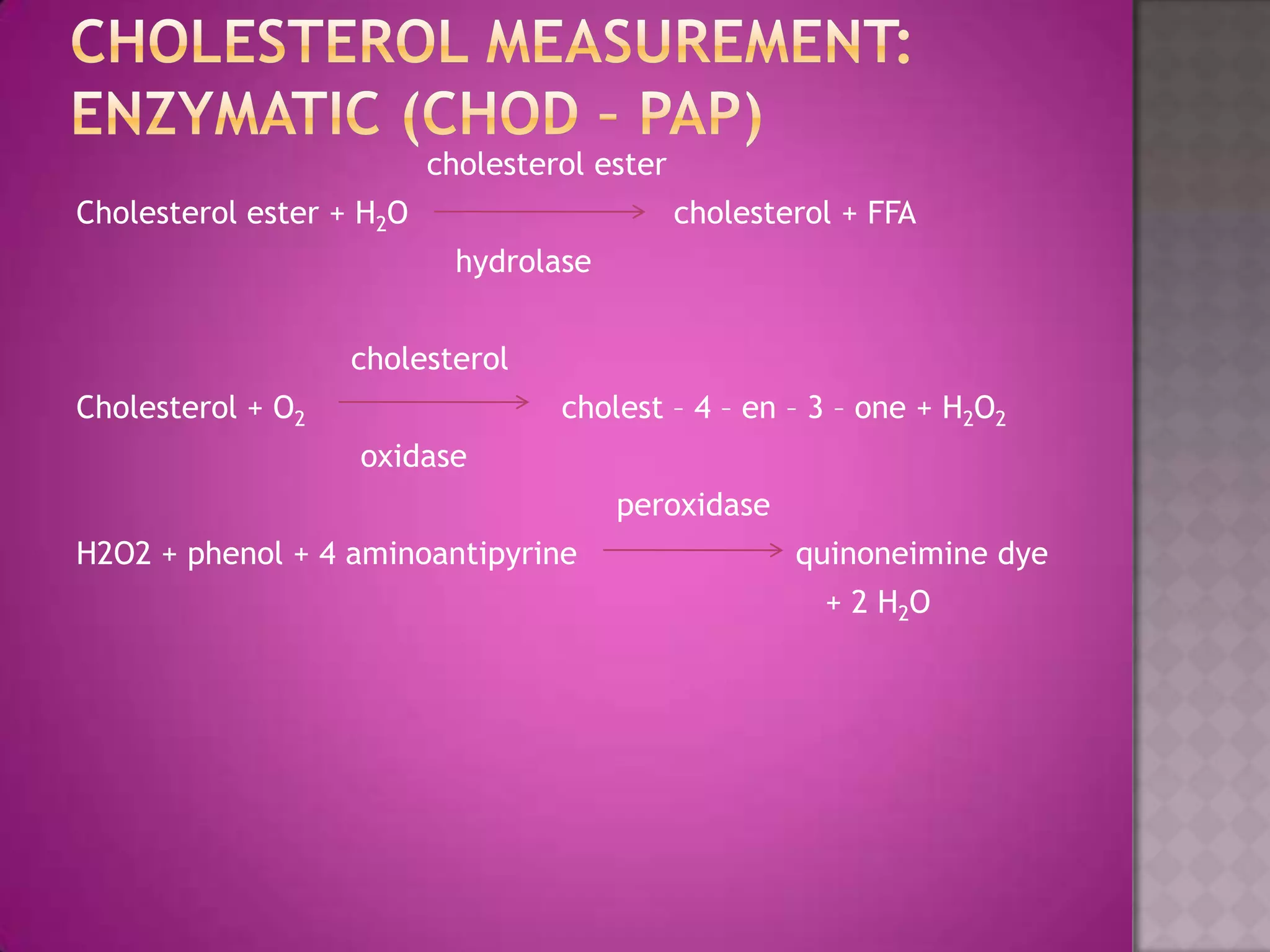cholesterol ester
Cholesterol ester + H2O cholesterol + FFA
hydrolase
cholesterol
Cholesterol + O2 cholest – 4 – en – 3 – one + H2O2
oxidase
peroxidase
H2O2 + phenol + 4 aminoantipyrine quinoneimine dye
+ 2 H2O
 