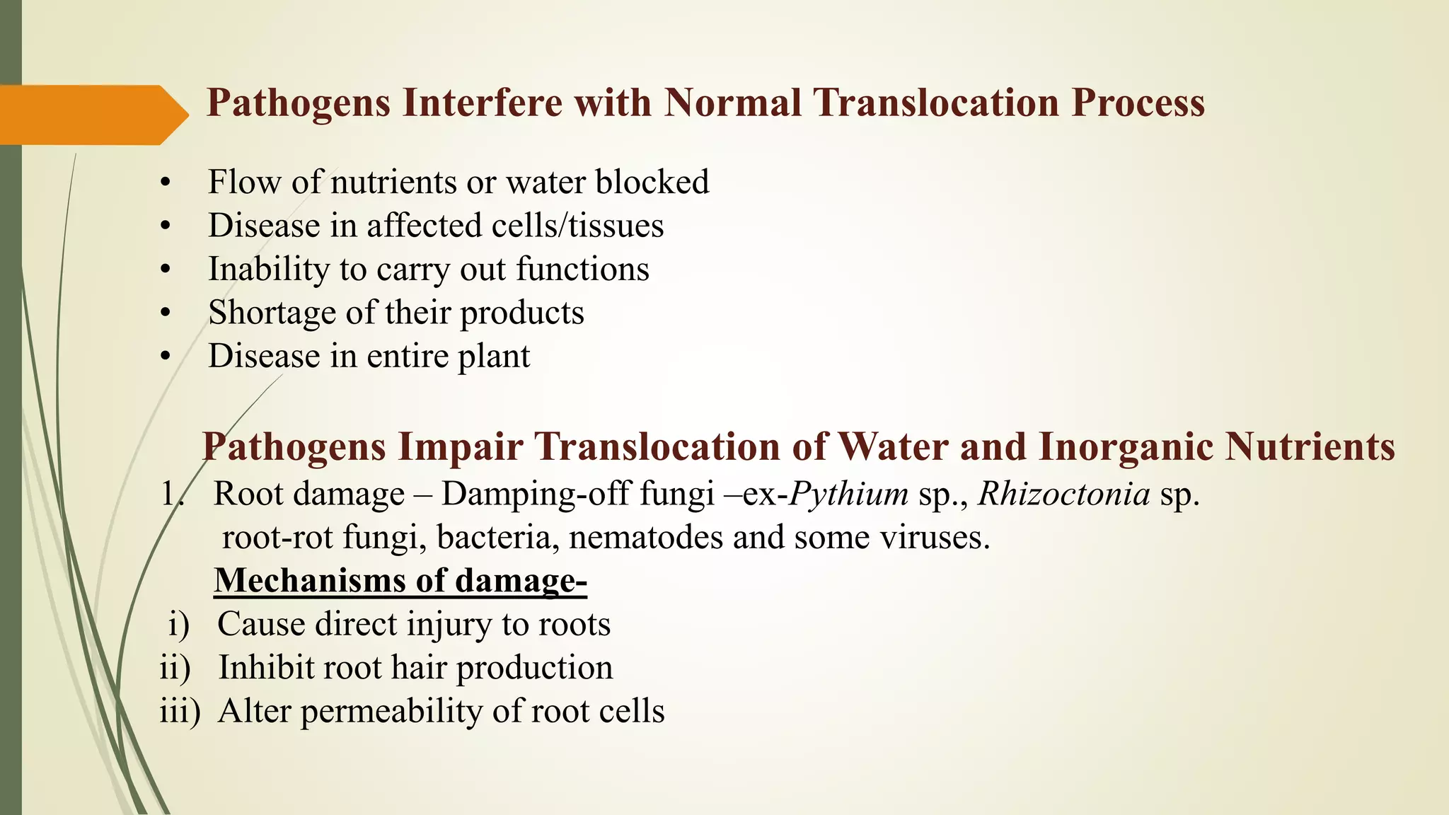 Pathogens Interfere with Normal Translocation Process
• Flow of nutrients or water blocked
• Disease in affected cells/tissues
• Inability to carry out functions
• Shortage of their products
• Disease in entire plant
Pathogens Impair Translocation of Water and Inorganic Nutrients
1. Root damage – Damping-off fungi –ex-Pythium sp., Rhizoctonia sp.
root-rot fungi, bacteria, nematodes and some viruses.
Mechanisms of damage-
i) Cause direct injury to roots
ii) Inhibit root hair production
iii) Alter permeability of root cells
 