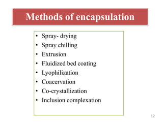 Methods of encapsulation
• Spray- drying
• Spray chilling
• Extrusion
• Fluidized bed coating
• Lyophilization
• Coacervation
• Co-crystallization
• Inclusion complexation
12
 