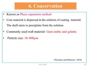 6. Coacervation
• Known as Phase separation method
• Core material is dispersed in the solution of coating material.
The shell starts to precipitate from the solution.
• Commonly used wall material- Gum arabic and gelatin.
• Particle size: 10–800µm
Dept.PSMAC
(Nicolaas and Shimoni , 2010)
17
 